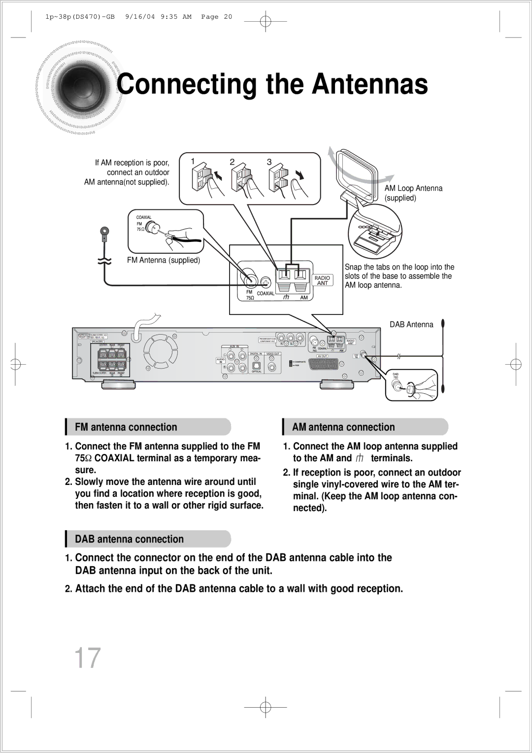 Samsung HTDS470RH/EDC manual Connecting the Antennas, FM antenna connection, AM antenna connection 