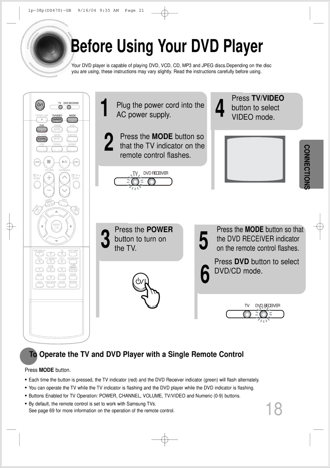 Samsung HTDS470RH/EDC manual Power supply, Press TV/VIDEO, Button to turn on, Press DVD button to select DVD/CD mode 