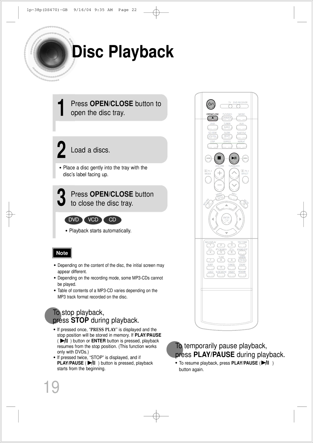 Samsung HTDS470RH/EDC manual Disc Playback, Press OPEN/CLOSE button to open the disc tray, Load a discs 