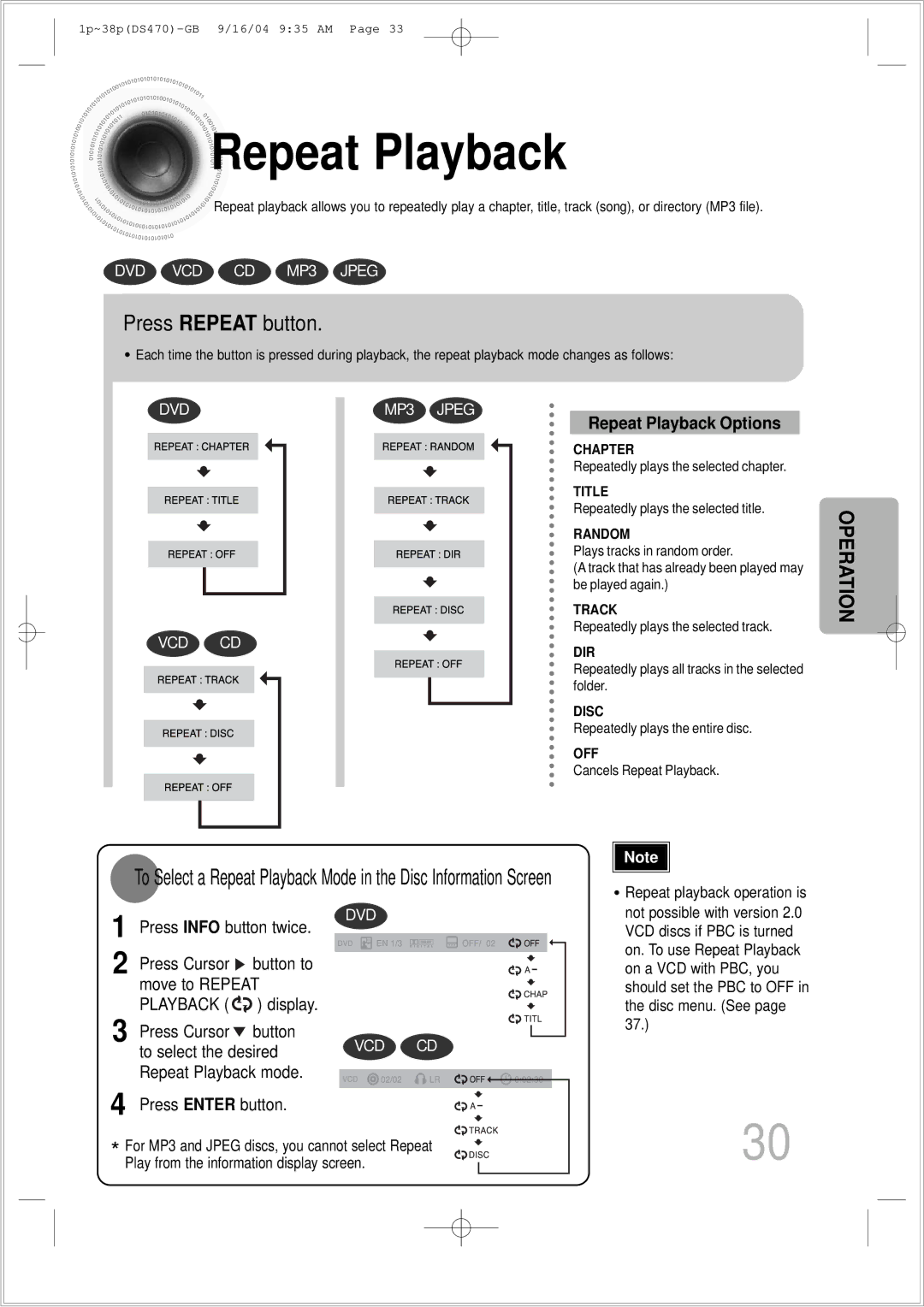 Samsung HTDS470RH/EDC manual Repeat Playback, Press Repeat button 