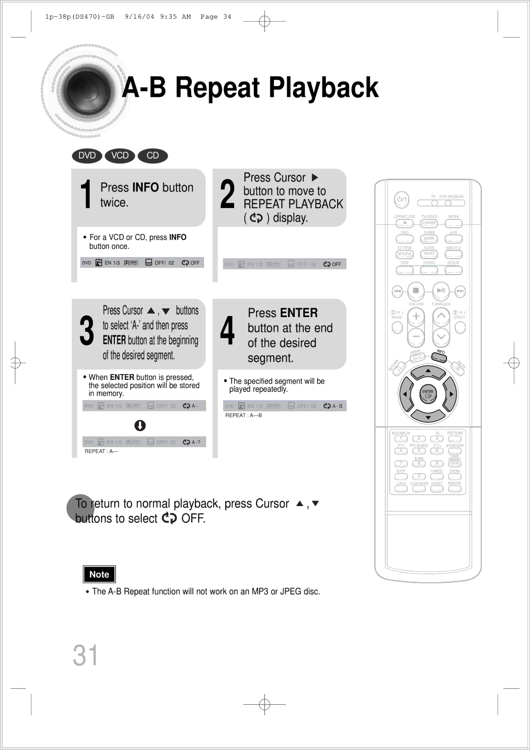 Samsung HTDS470RH/EDC manual Press Info button twice, Press Enter, Desired, Segment, Button at the end 