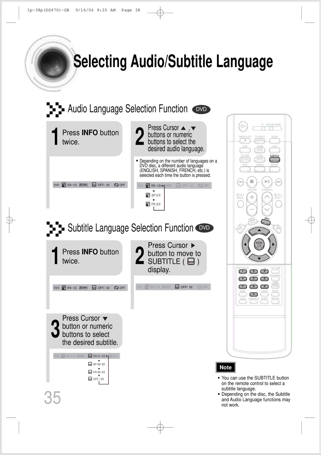 Samsung HTDS470RH/EDC manual 1Press Info button twice, Buttons to select the desired subtitle 