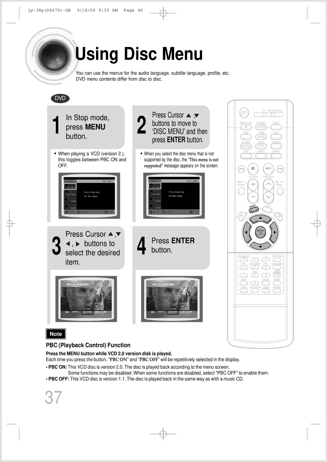 Samsung HTDS470RH/EDC manual Using Disc Menu, Stop mode, Press Cursor, Buttons to, Select the desired 