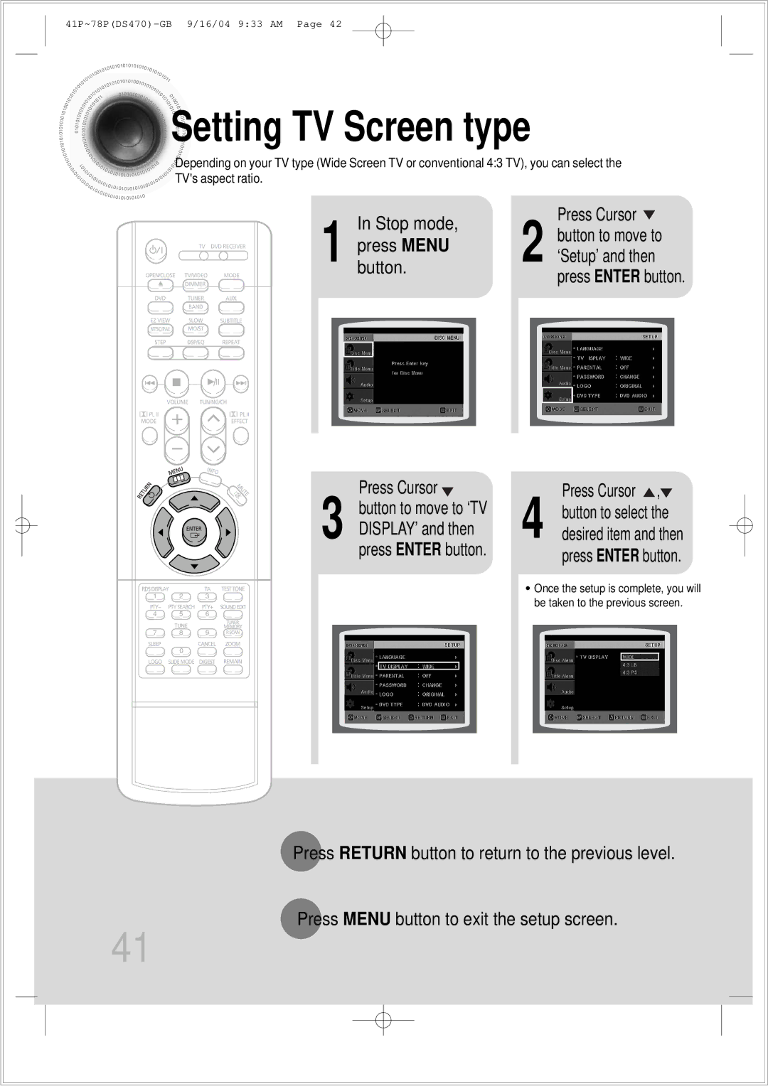 Samsung HTDS470RH/EDC manual Setting TV Screen type, Press Enter button 