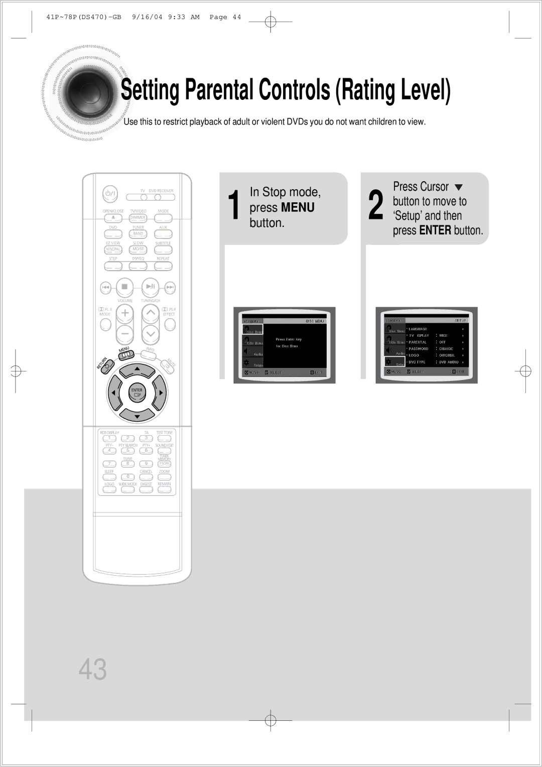 Samsung HTDS470RH/EDC manual Setting Parental Controls Rating Level 