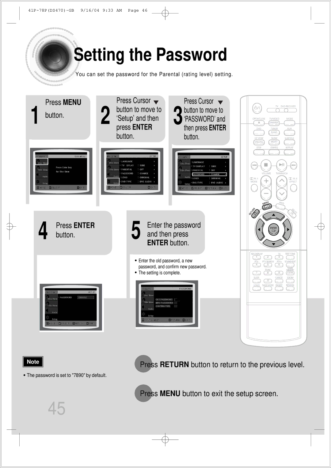 Samsung HTDS470RH/EDC manual Setting the Password, Press Menu Button Press Cursor, ‘Setup’ and then, Button to move to 