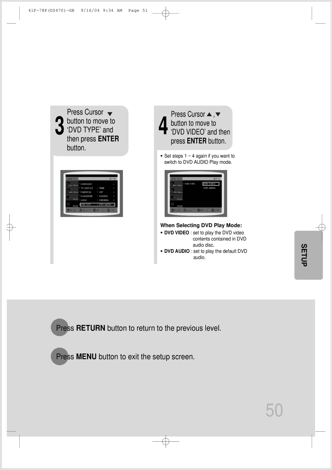 Samsung HTDS470RH/EDC manual Then press Enter button, Press Cursor , 4 button to move to, When Selecting DVD Play Mode 