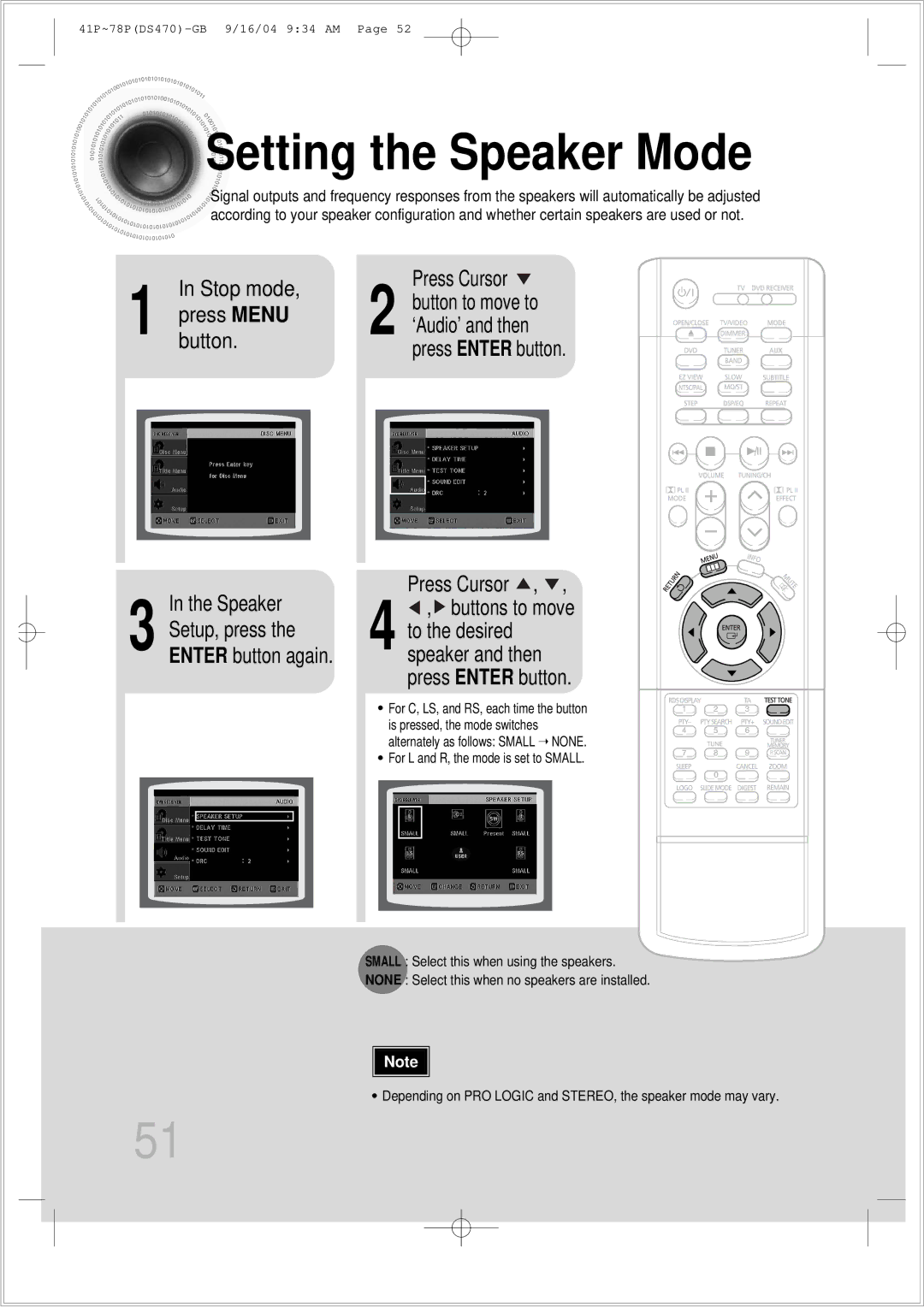 Samsung HTDS470RH/EDC manual Setting the Speaker Mode, Stop mode Press Menu Button Speaker, Press Enter button Press Cursor 