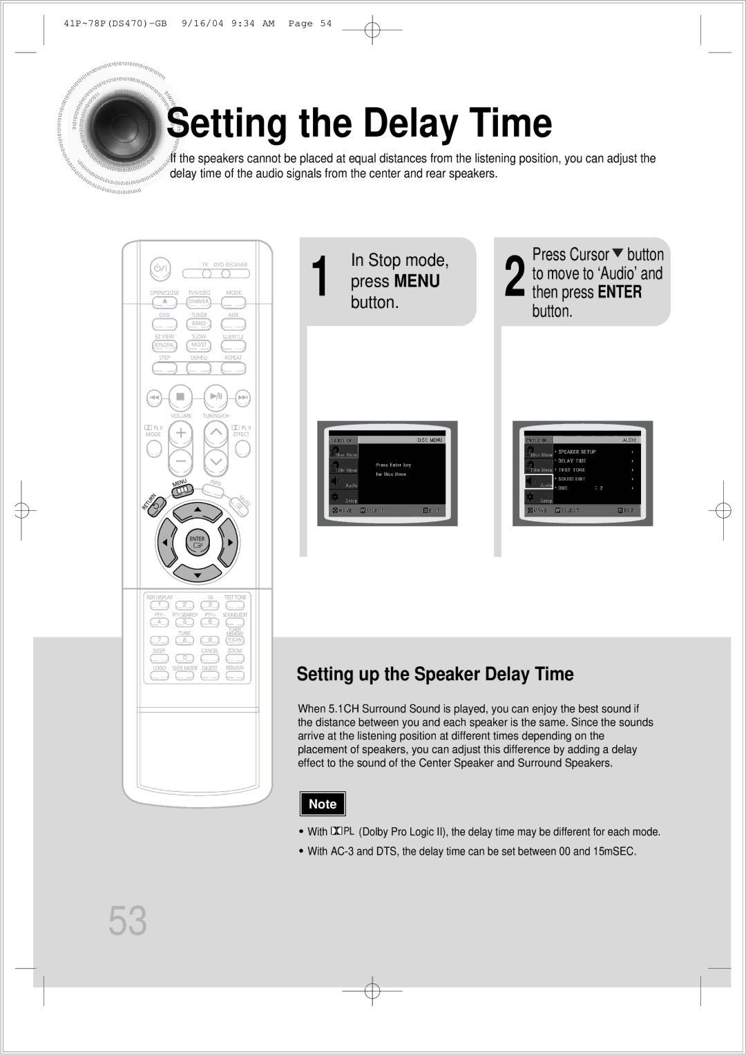 Samsung HTDS470RH/EDC manual Setting the Delay Time, Stop mode Press Menu Button, Press Cursor button 