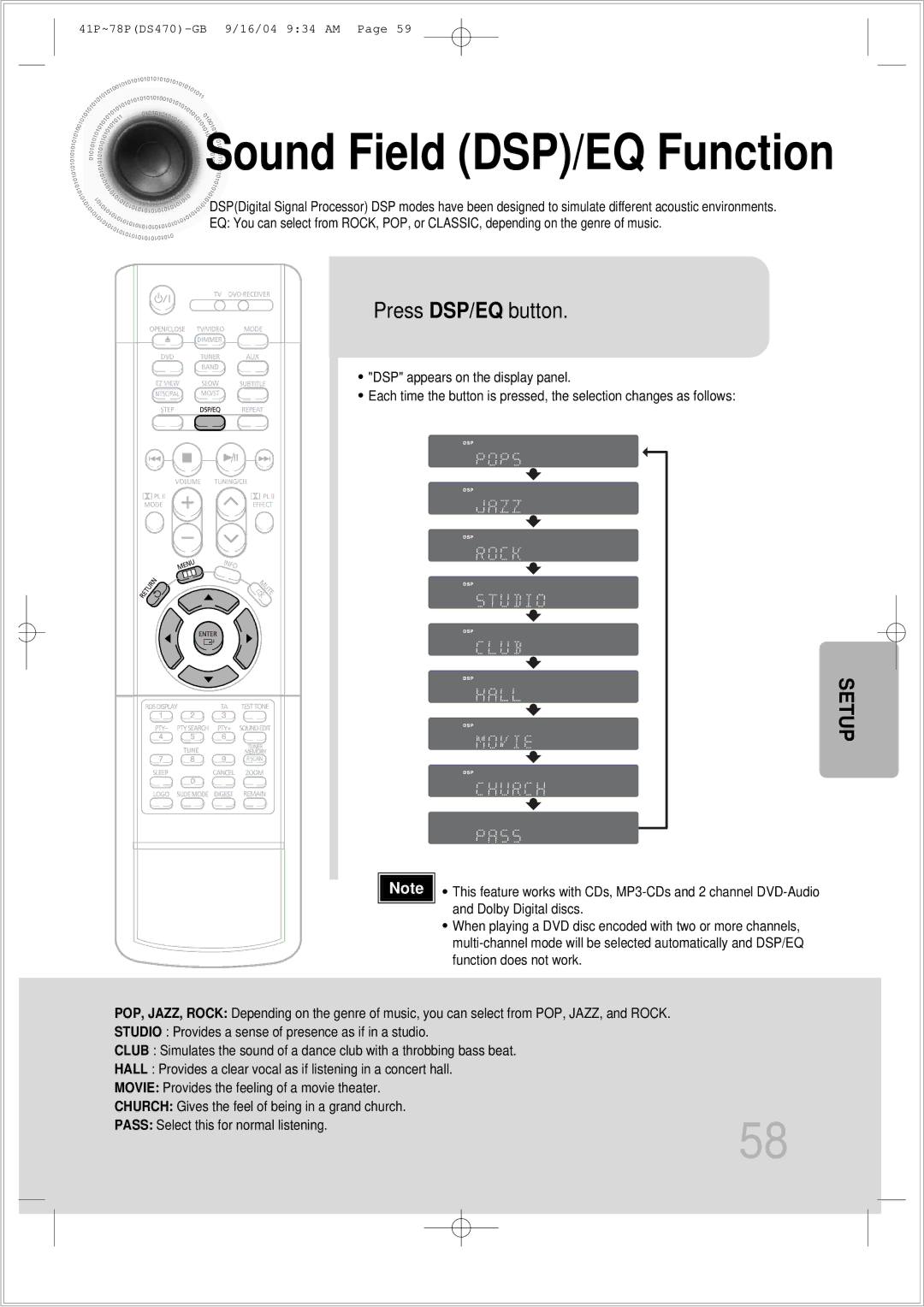 Samsung HTDS470RH/EDC manual Sound Field DSP/EQ Function, Press DSP/EQ button 