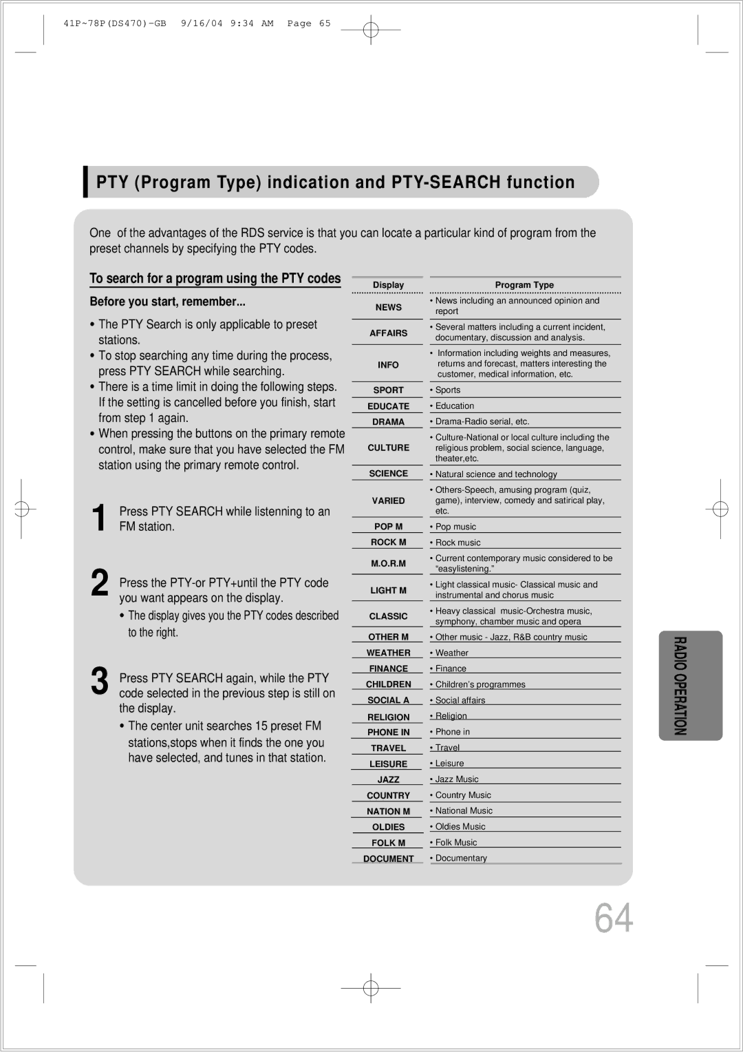 Samsung HTDS470RH/EDC manual PTY Program Type indication and PTY-SEARCH function, Before you start, remember 