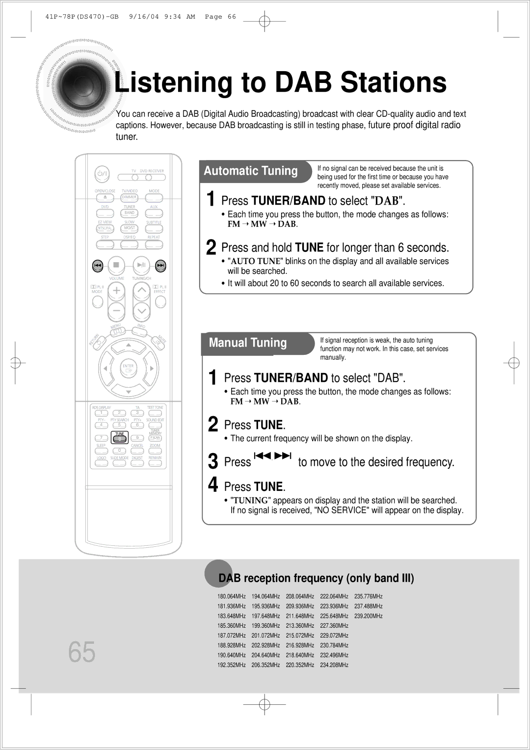 Samsung HTDS470RH/EDC manual Listening to DAB Stations, Press TUNER/BAND to select DAB, Press Tune 