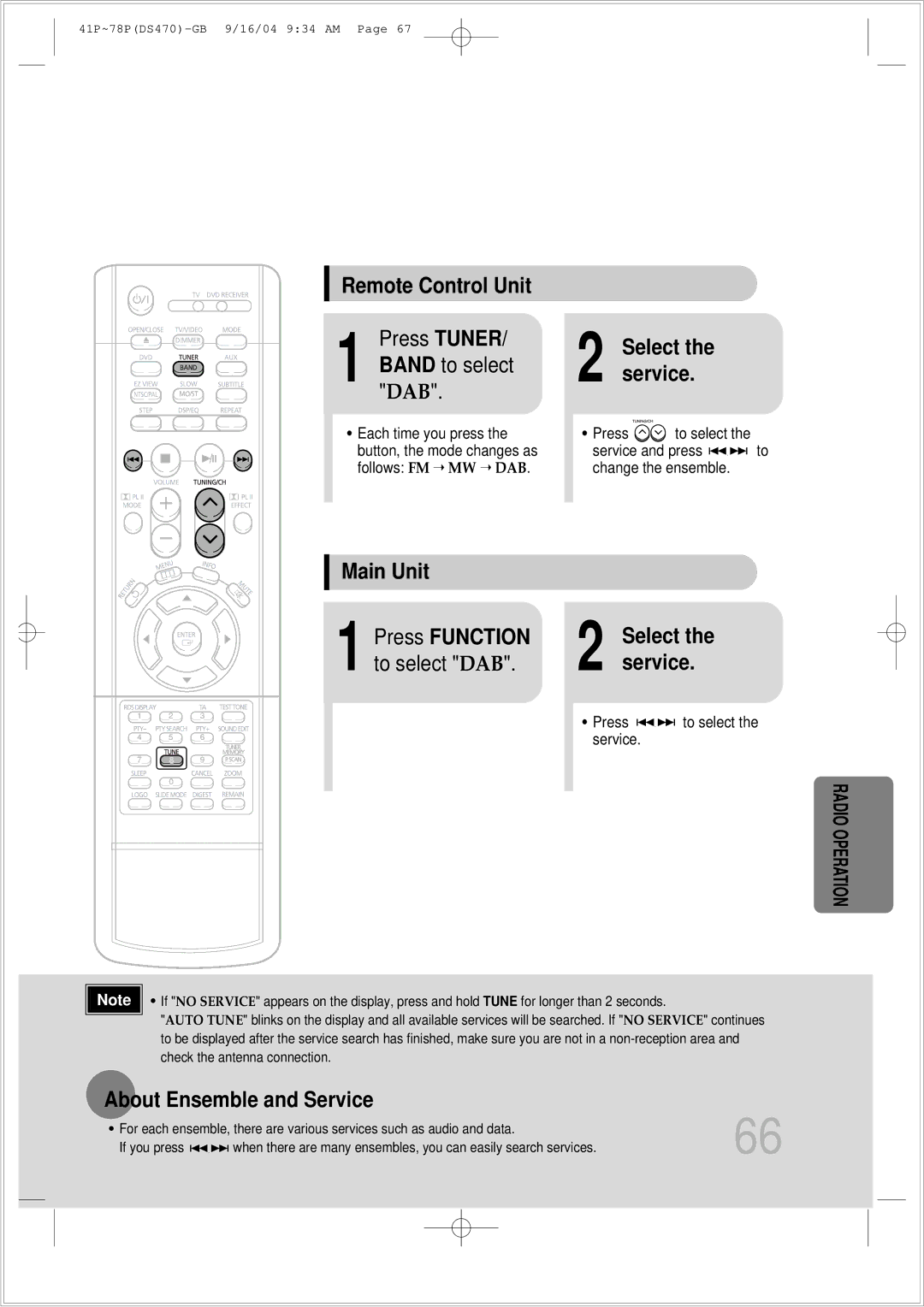 Samsung HTDS470RH/EDC manual Remote Control Unit, Band to select DAB, Main Unit Press Function, About Ensemble and Service 