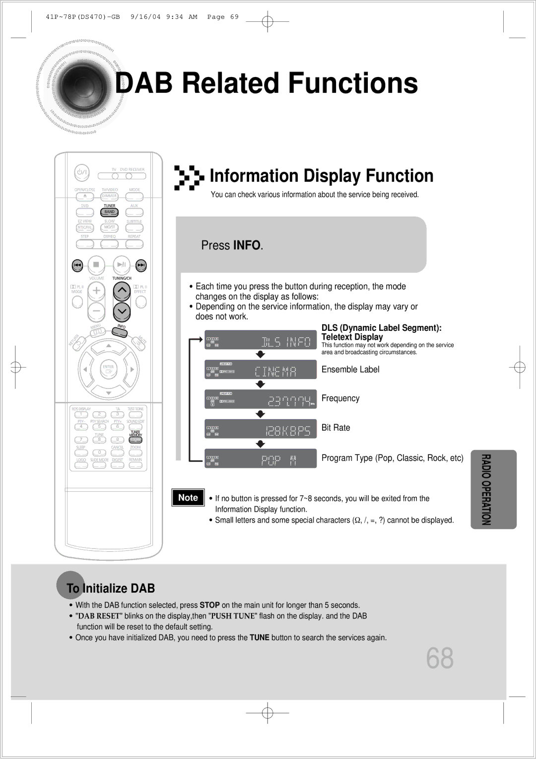 Samsung HTDS470RH/EDC DAB Related Functions, Press Info, To Initialize DAB, DLS Dynamic Label Segment, Teletext Display 