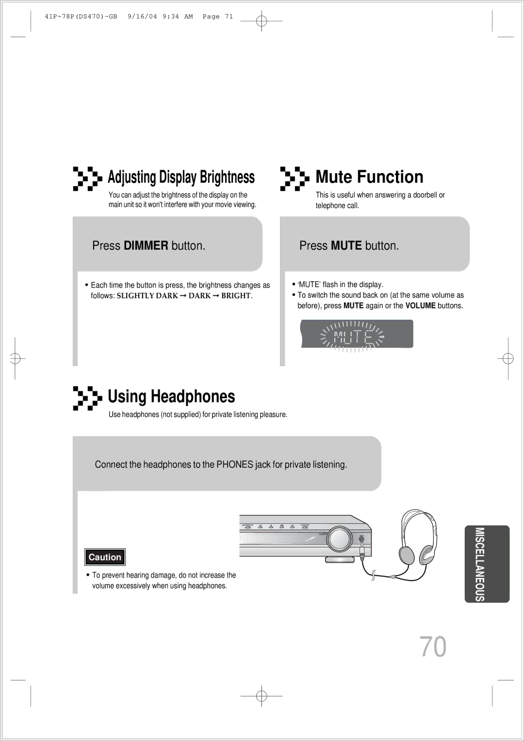 Samsung HTDS470RH/EDC manual Press Dimmer button, Press Mute button 