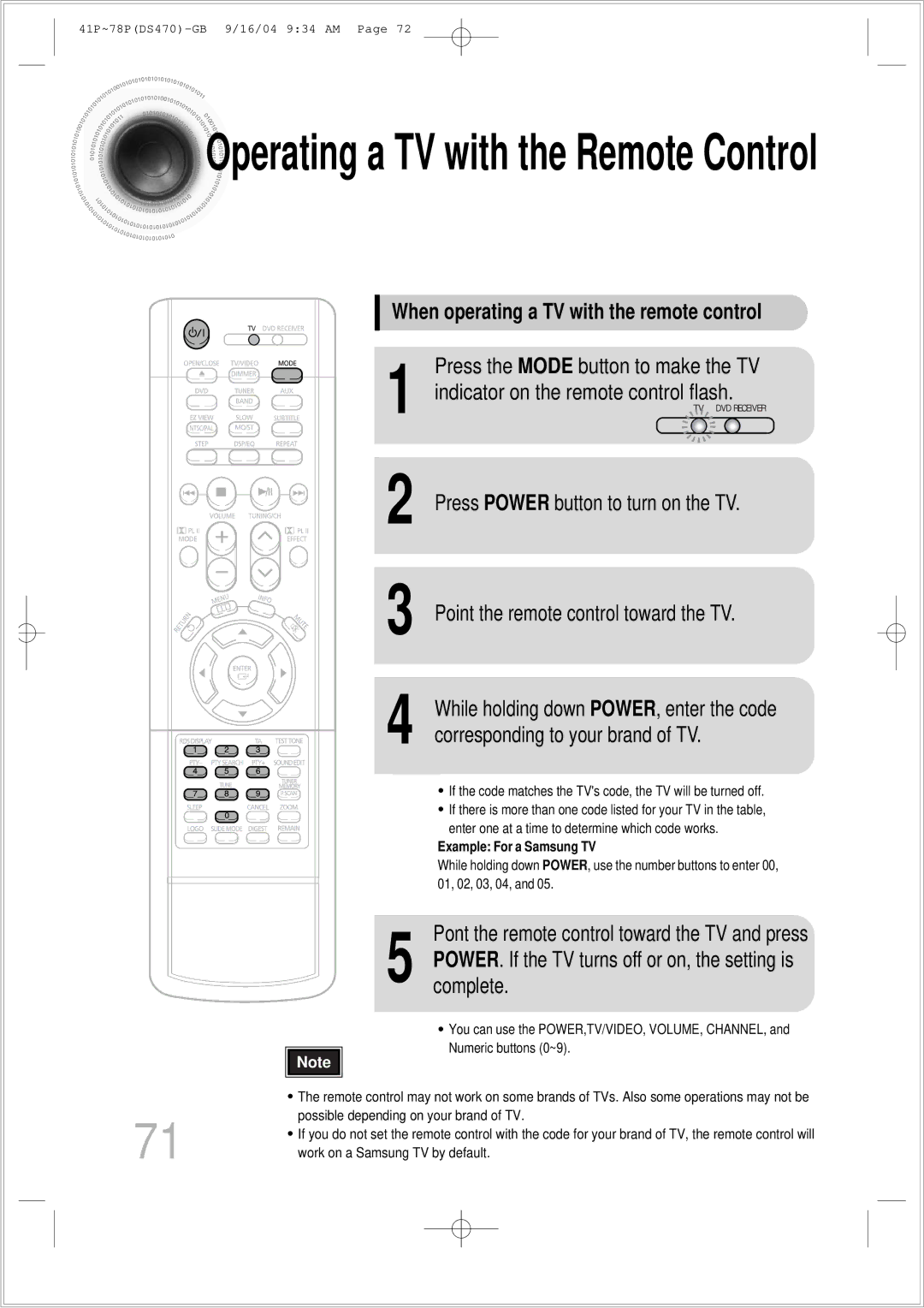 Samsung HTDS470RH/EDC manual When operating a TV with the remote control, Press the Mode button to make the TV 