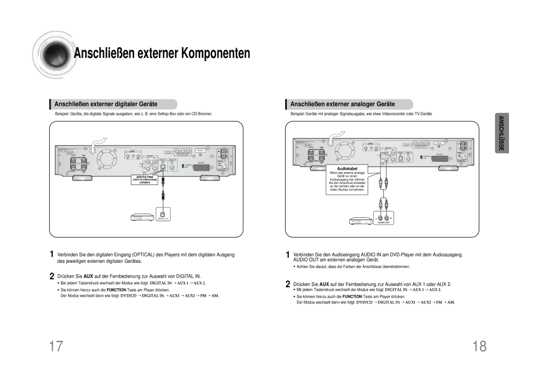 Samsung HTDS490RH/ELS manual Anschließen externer digitaler Geräte, Anschließen externer analoger Geräte, Audiokabel 