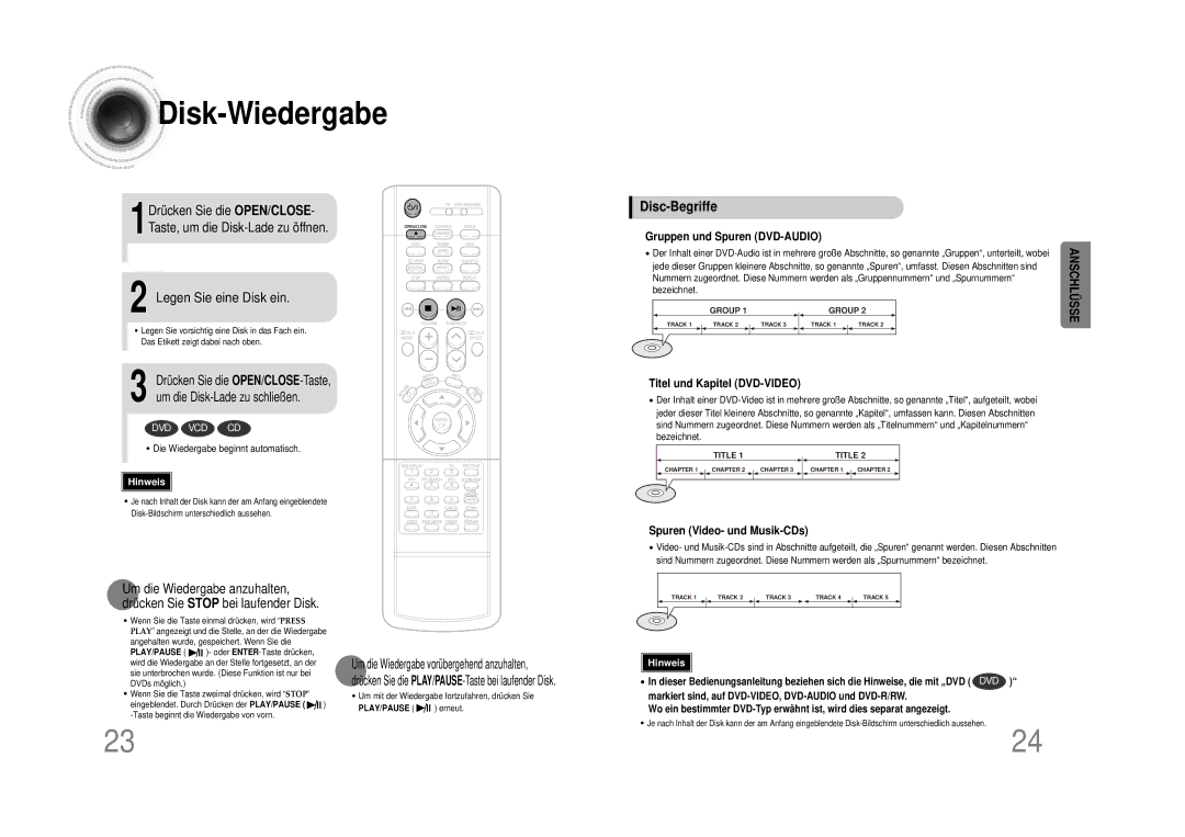 Samsung HTDS490RH/ELS manual Disk -Wiedergabe, Legen Sie eine Disk ein, Disc-Begriffe 