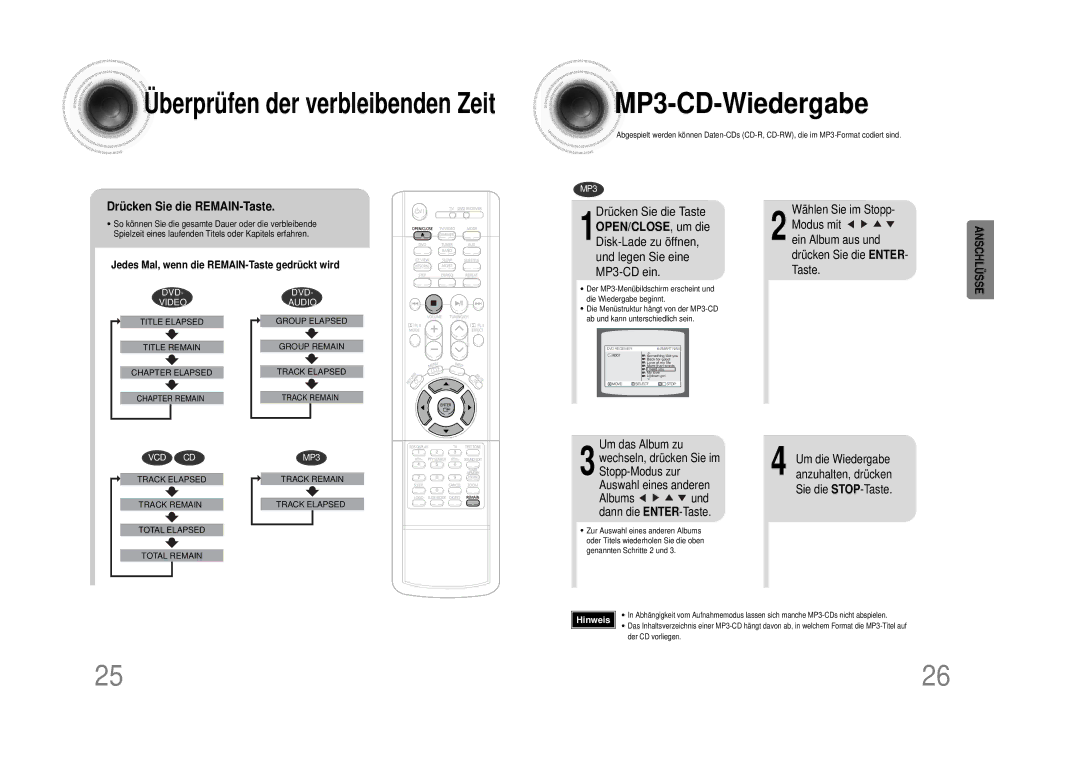 Samsung HTDS490RH/ELS manual MP3 -CD-Wiedergabe, Drücken Sie die REMAIN-Taste, Drücken Sie die Taste 