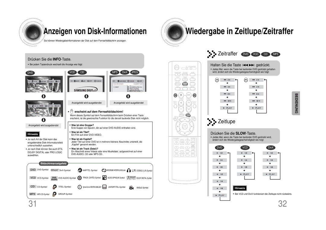 Samsung HTDS490RH/ELS manual Drücken Sie die INFO-Taste, Halten Sie die Taste gedrückt, Drücken Sie die SLOW-Taste 