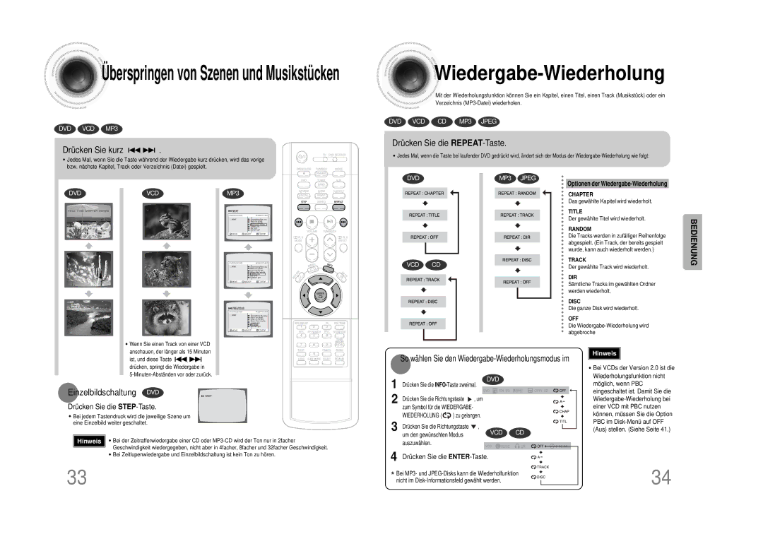 Samsung HTDS490RH/ELS Wiedergabe -Wiederholung, Drücken Sie kurz, Drücken Sie die REPEAT-Taste, Einzelbildschaltung DVD 