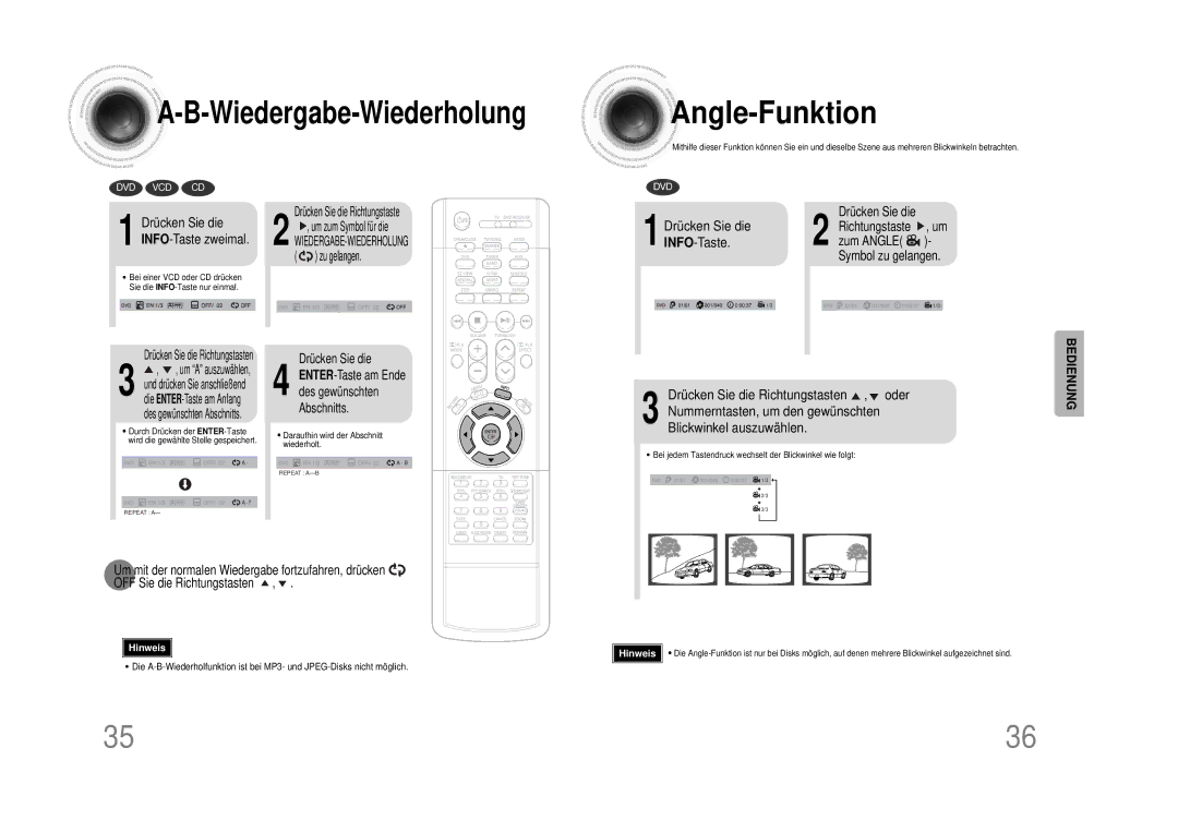 Samsung HTDS490RH/ELS manual Angle -Funktion, INFO-Taste, Drücken Sie die Richtungstasten , oder 