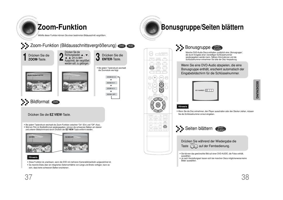 Samsung HTDS490RH/ELS manual Zoom -Funktion, Drücken Sie die ENTER-Taste, Drücken Sie die EZ VIEW-Taste 