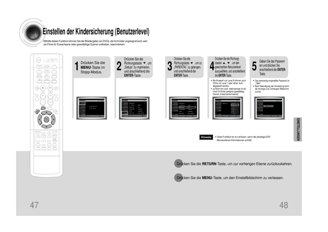 Samsung HTDS490RH/ELS Geben Sie das Passwort, Richtungstaste Um zu, Ein und drücken Sie, „PARENTAL zu gelangen, Taste 