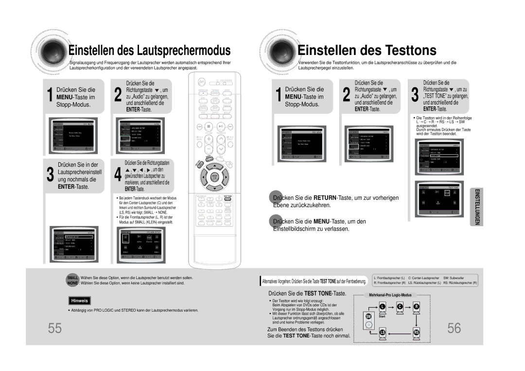 Samsung HTDS490RH/ELS Einstellen des Testtons, Drücken Sie die Test TONE-Taste, Richtungstaste , um, Zu „Audio zu gelangen 