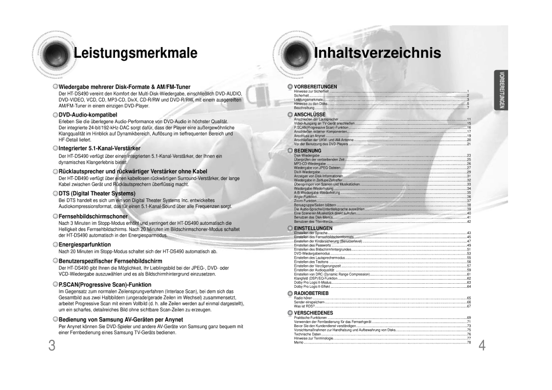 Samsung HTDS490RH/ELS manual Leistungsmerkmale, Wiedergabe mehrerer Disk-Formate & AM/FM-Tuner 