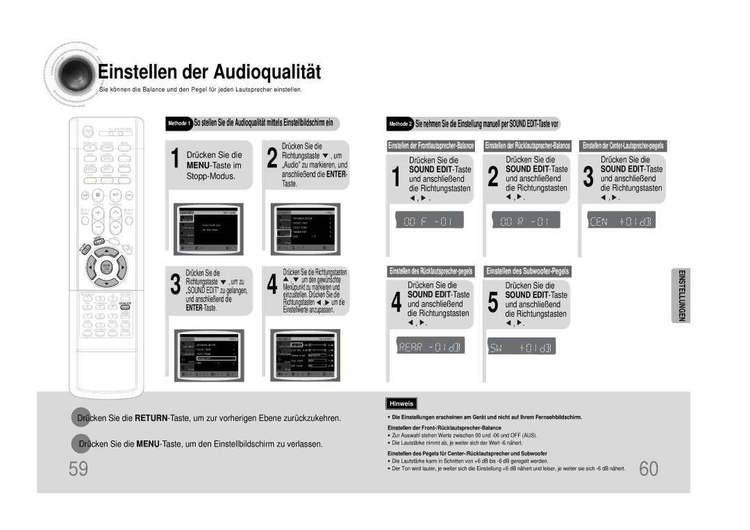 Samsung HTDS490RH/ELS manual Sound EDIT-Taste und anschließend die Richtungstasten, Drücken Sie die Sound EDIT-Taste 