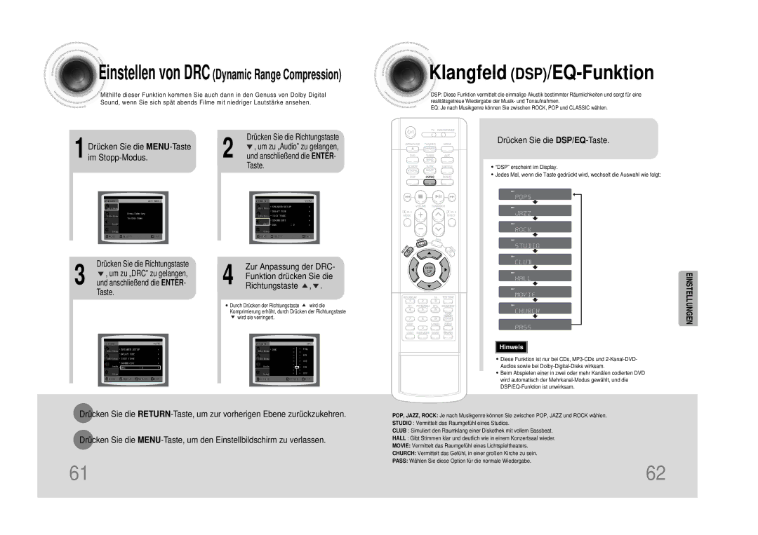 Samsung HTDS490RH/ELS manual Drücken Sie die MENU-Taste, Im Stopp-Modus, Drücken Sie die DSP/EQ-Taste 