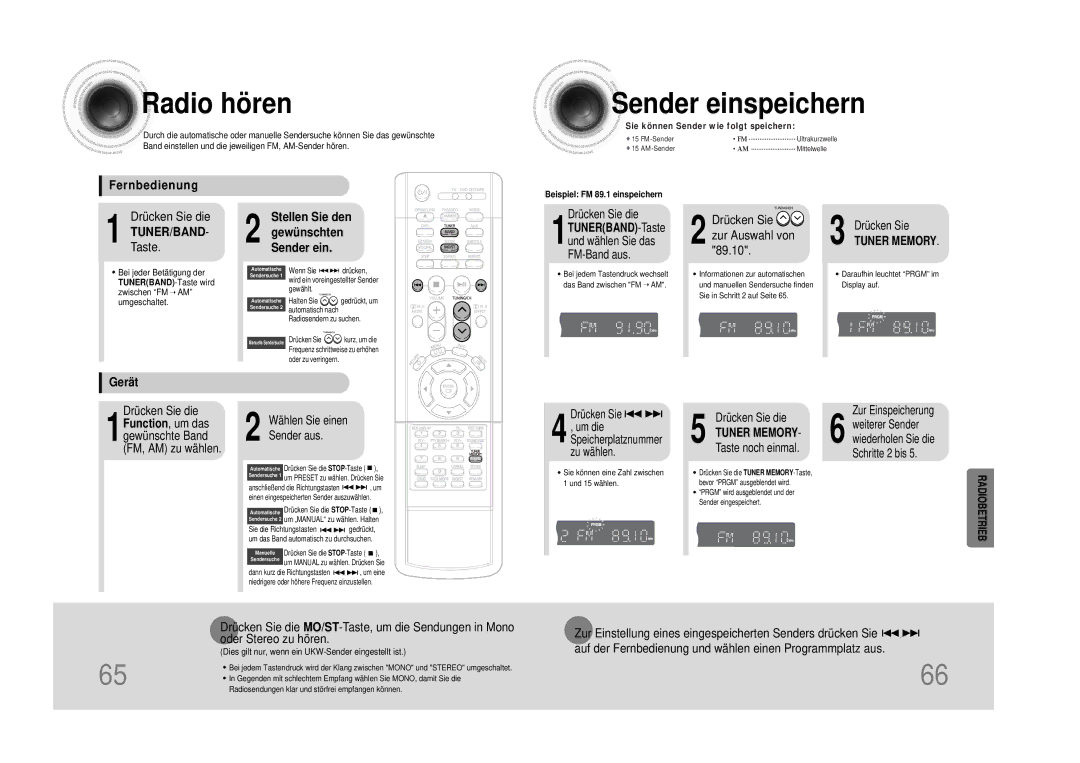 Samsung HTDS490RH/ELS manual Radio hören, Sender einspeichern, Fernbedienung, Gerät 