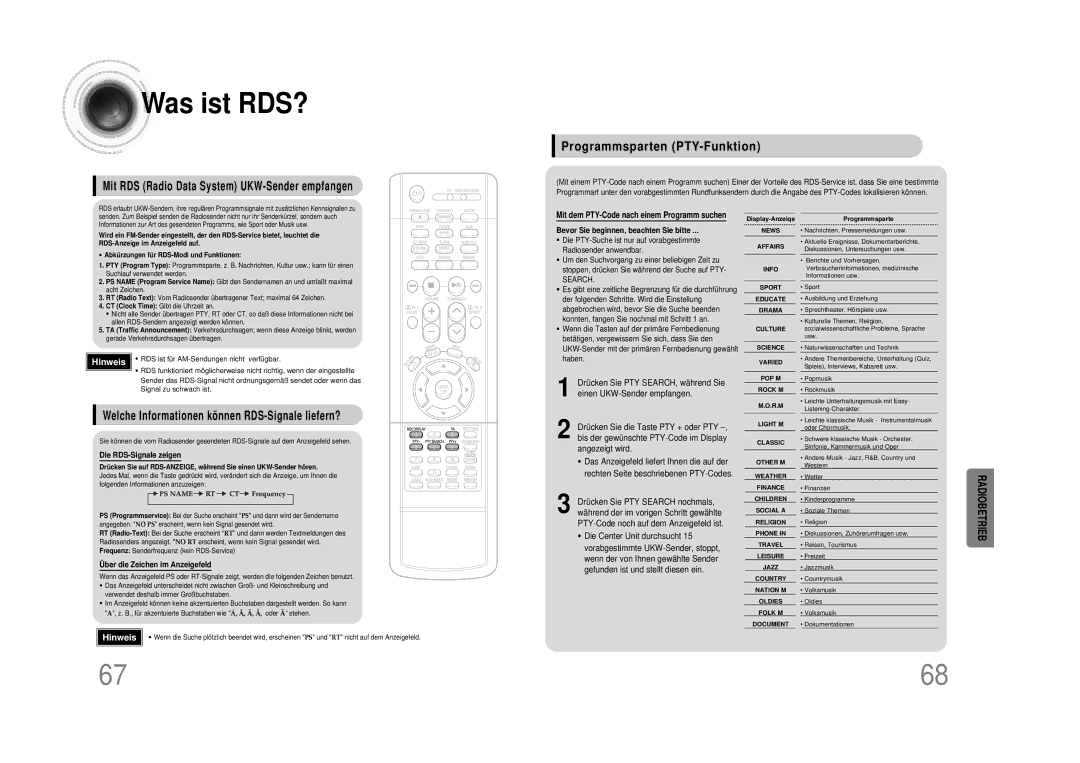 Samsung HTDS490RH/ELS manual Was ist RDS?, Programmsparten PTY-Funktion, Mit RDS Radio Data System UKW-Sender empfangen 