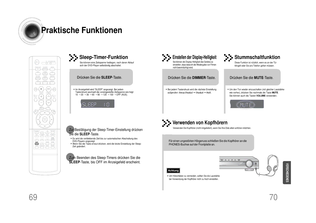 Samsung HTDS490RH/ELS manual Praktische Funktionen, Drücken Sie die SLEEP-Taste, Drücken Sie die DIMMER-Taste 