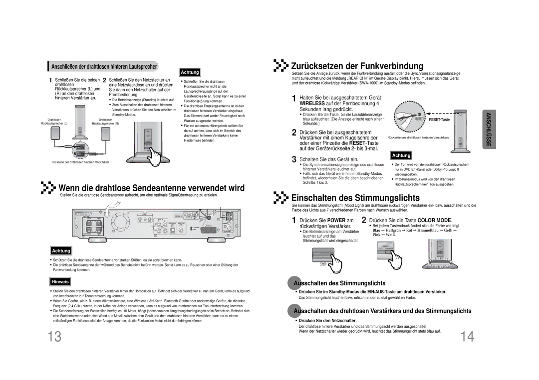 Samsung HTDS490RH/ELS manual Ausschalten des Stimmungslichts, Anschließen der drahtlosen hinteren Lautsprecher, Sekunde 