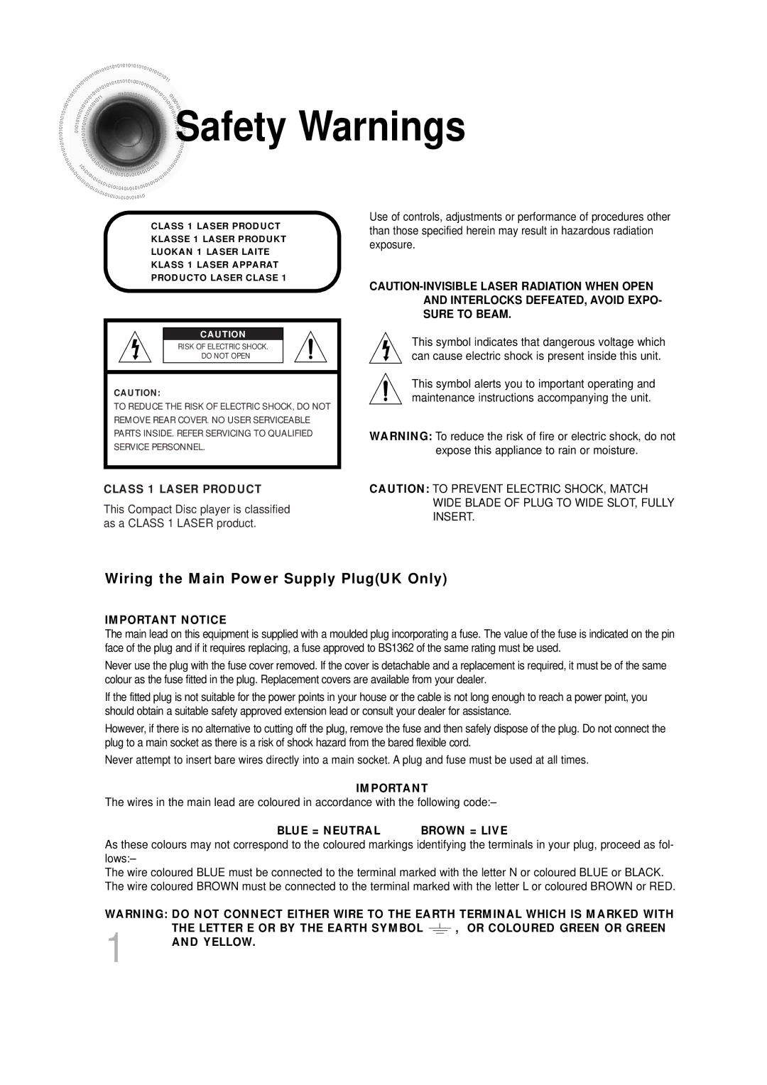 Samsung HTDS490RH/ELS manual Safety Warnings, Class 1 Laser Product 