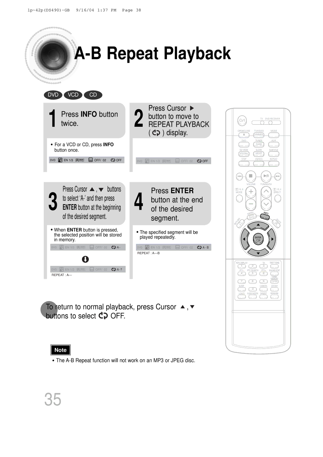 Samsung HTDS490RH/ELS manual Press Info button twice, Press Enter, Desired, Segment, Button at the end 