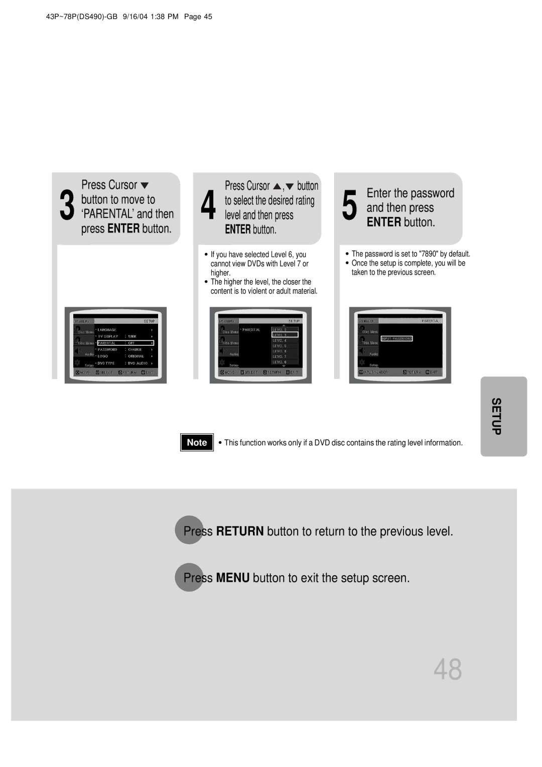 Samsung HTDS490RH/ELS manual Press Cursor , button, Enter the password 