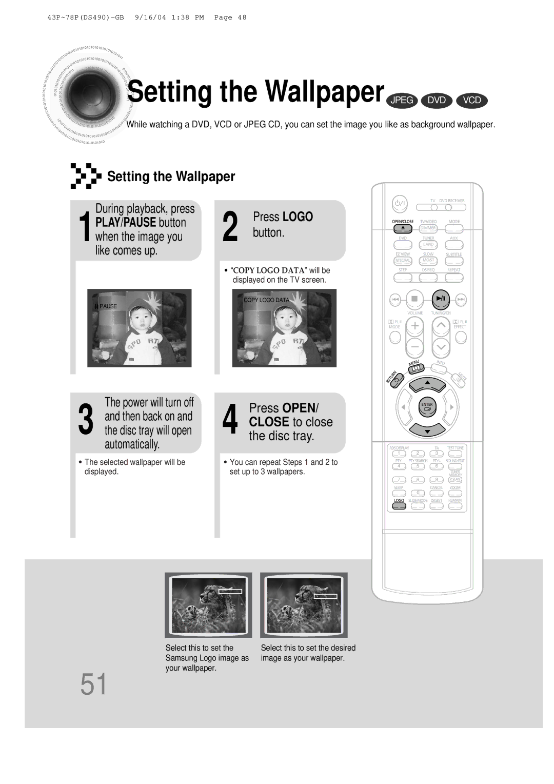 Samsung HTDS490RH/ELS manual Setting the Wallpaper Jpeg DVD VCD, During playback, press, Press Open 