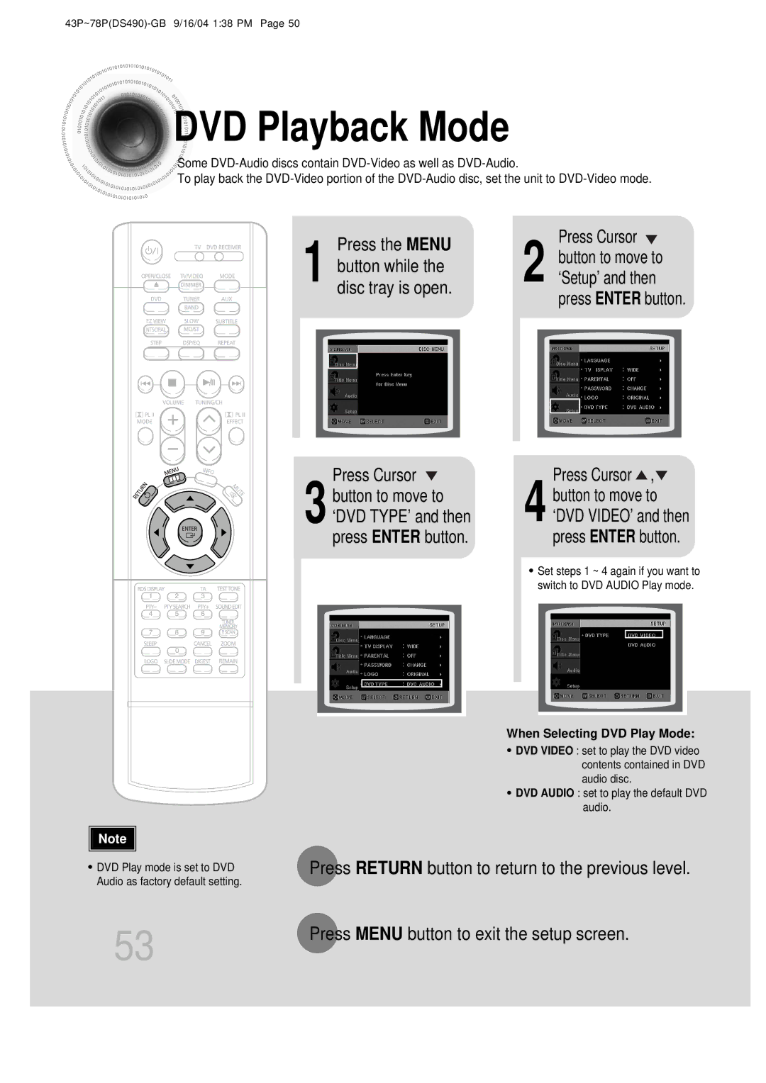 Samsung HTDS490RH/ELS manual DVD Playback Mode, Press the Menu, Press Return button to return to the previous level 