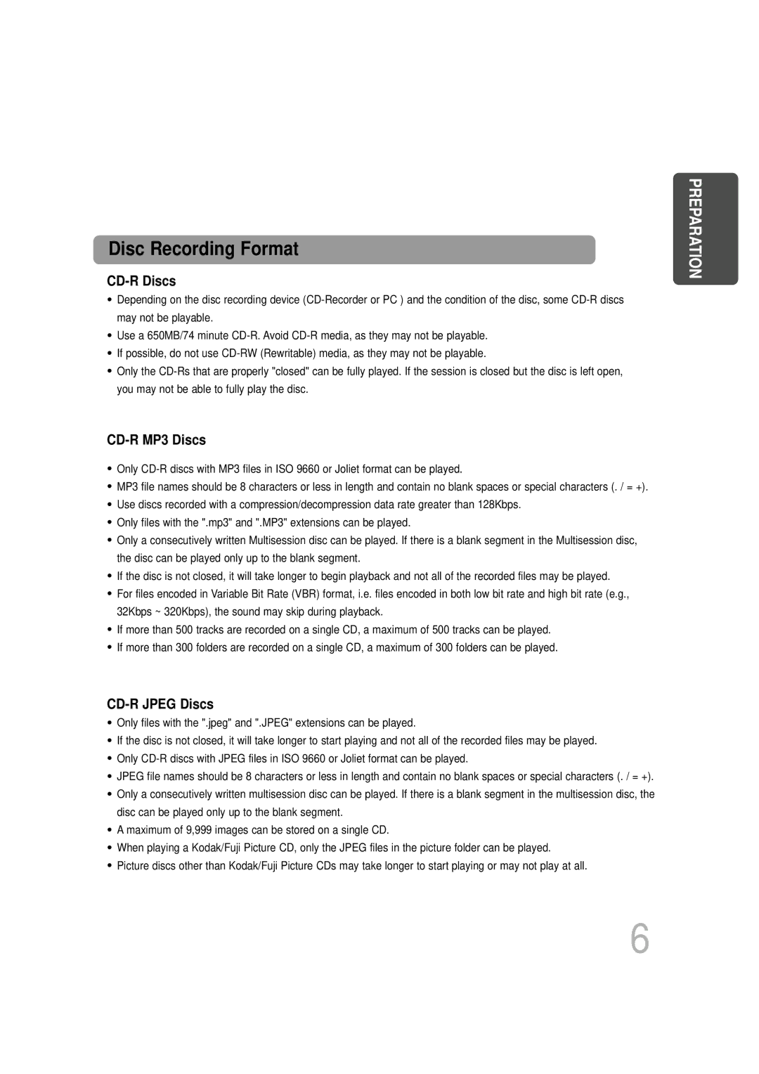 Samsung HTDS490RH/ELS manual Disc Recording Format 