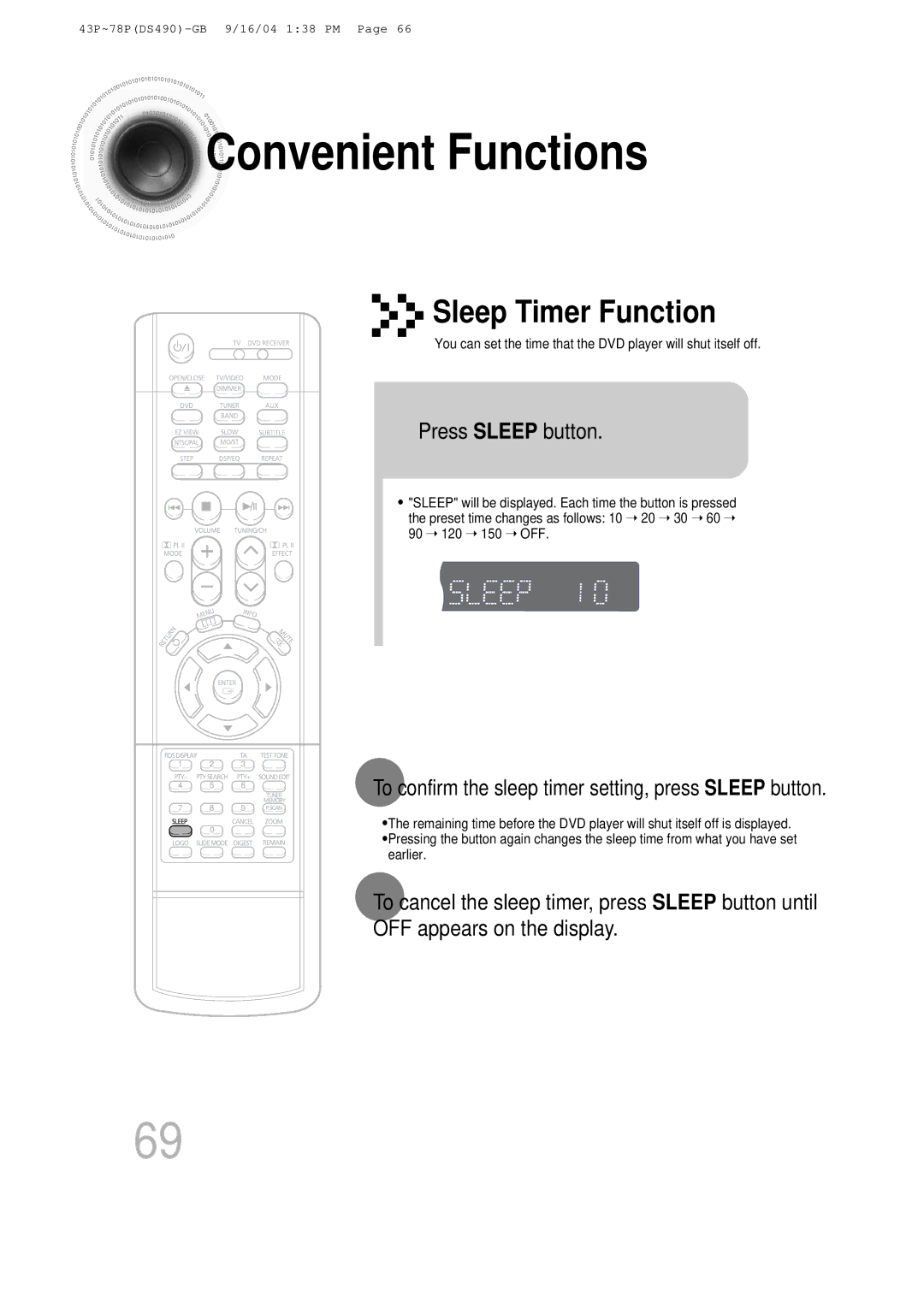 Samsung HTDS490RH/ELS Convenient Functions, Press Sleep button, To confirm the sleep timer setting, press Sleep button 