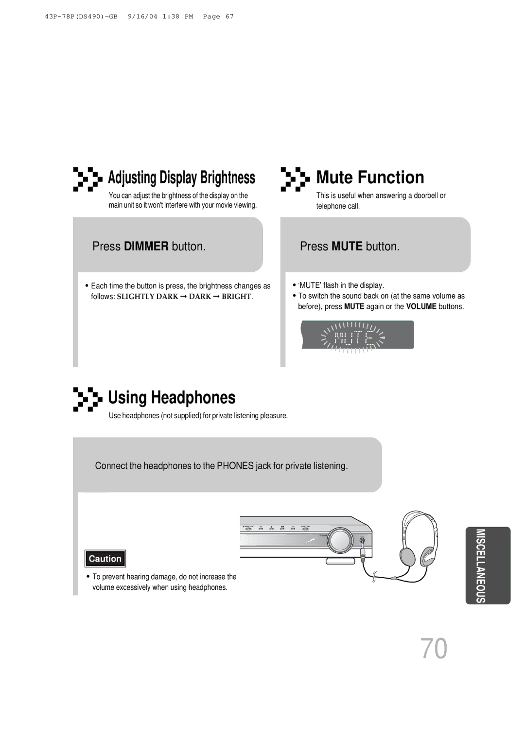 Samsung HTDS490RH/ELS manual Press Dimmer button, Press Mute button 