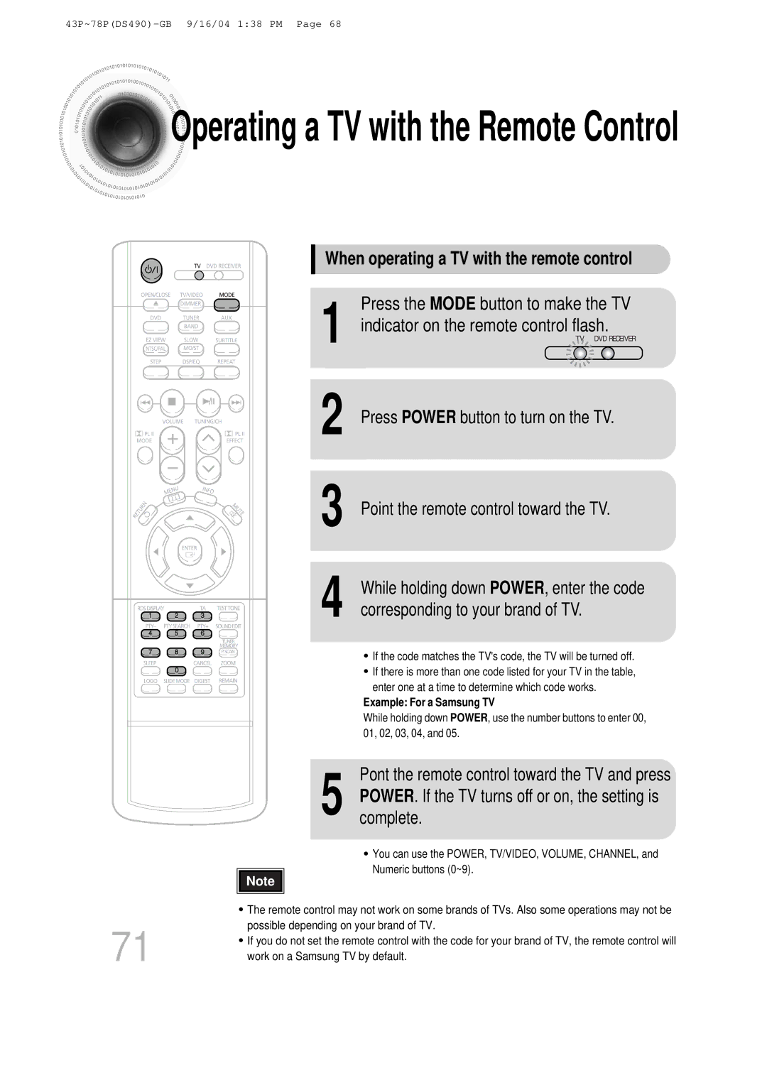 Samsung HTDS490RH/ELS manual When operating a TV with the remote control, Press the Mode button to make the TV 