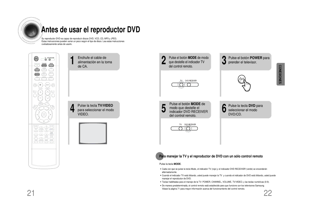 Samsung HTDS490RH/ELS Enchufe el cable de alimentación en la toma de CA, Pulse el botón Power para prender el televisor 