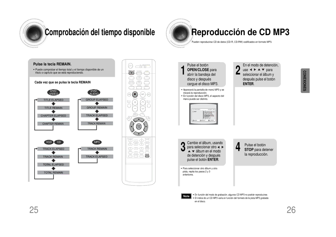 Samsung HTDS490RH/ELS manual Reproducción de CD MP3, Pulse la tecla Remain, Cada vez que se pulsa la tecla Remain 