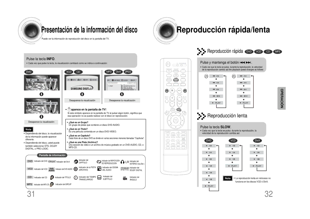 Samsung HTDS490RH/ELS manual Reproducción rápida/lenta, Pulse la tecla Info, Pulse y mantenga el botón, Pulse la tecla Slow 