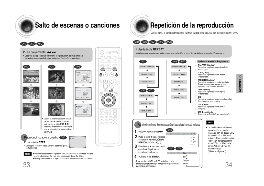 Samsung HTDS490RH/ELS Salto de escenas o canciones, Repetición de la reproducción, Pulse brevemente, Pulse la tecla Repeat 