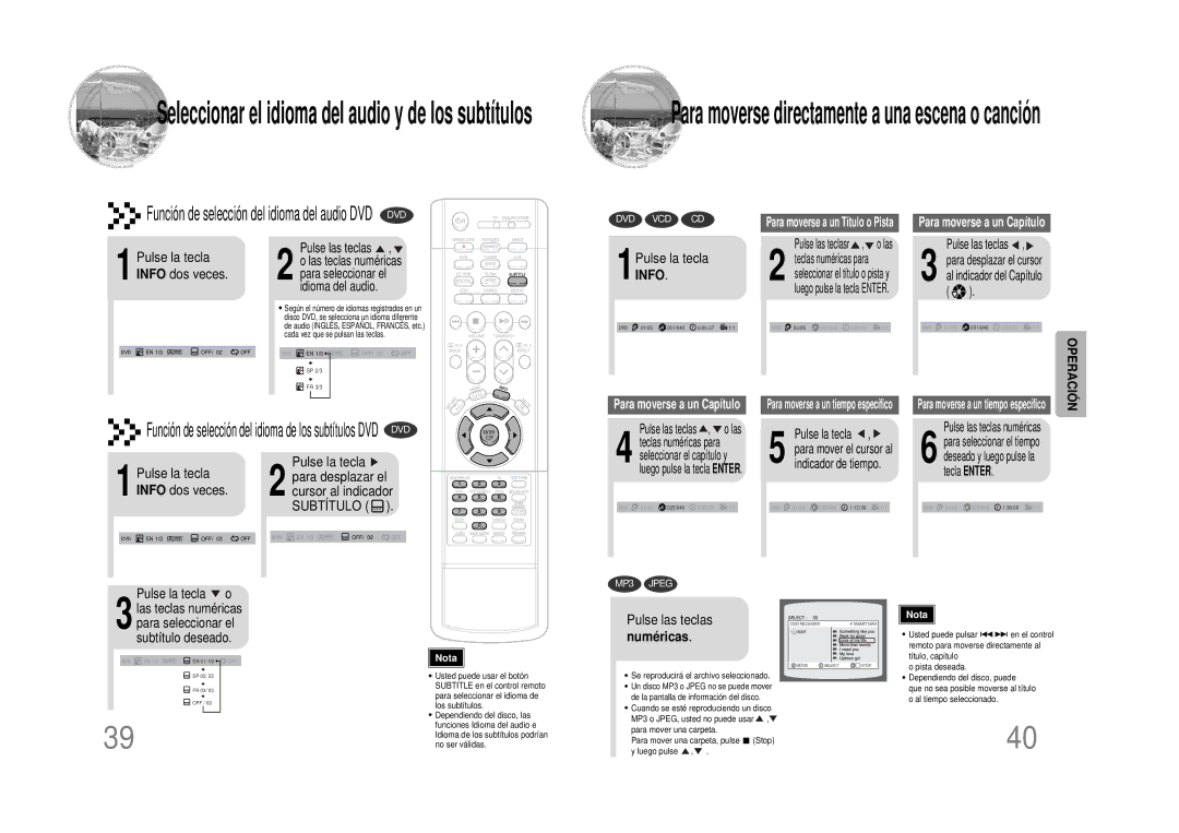 Samsung HTDS490RH/ELS manual 1Pulse la tecla Info, Cursor al indicador Subtítulo, Numéricas, Indicador de tiempo 